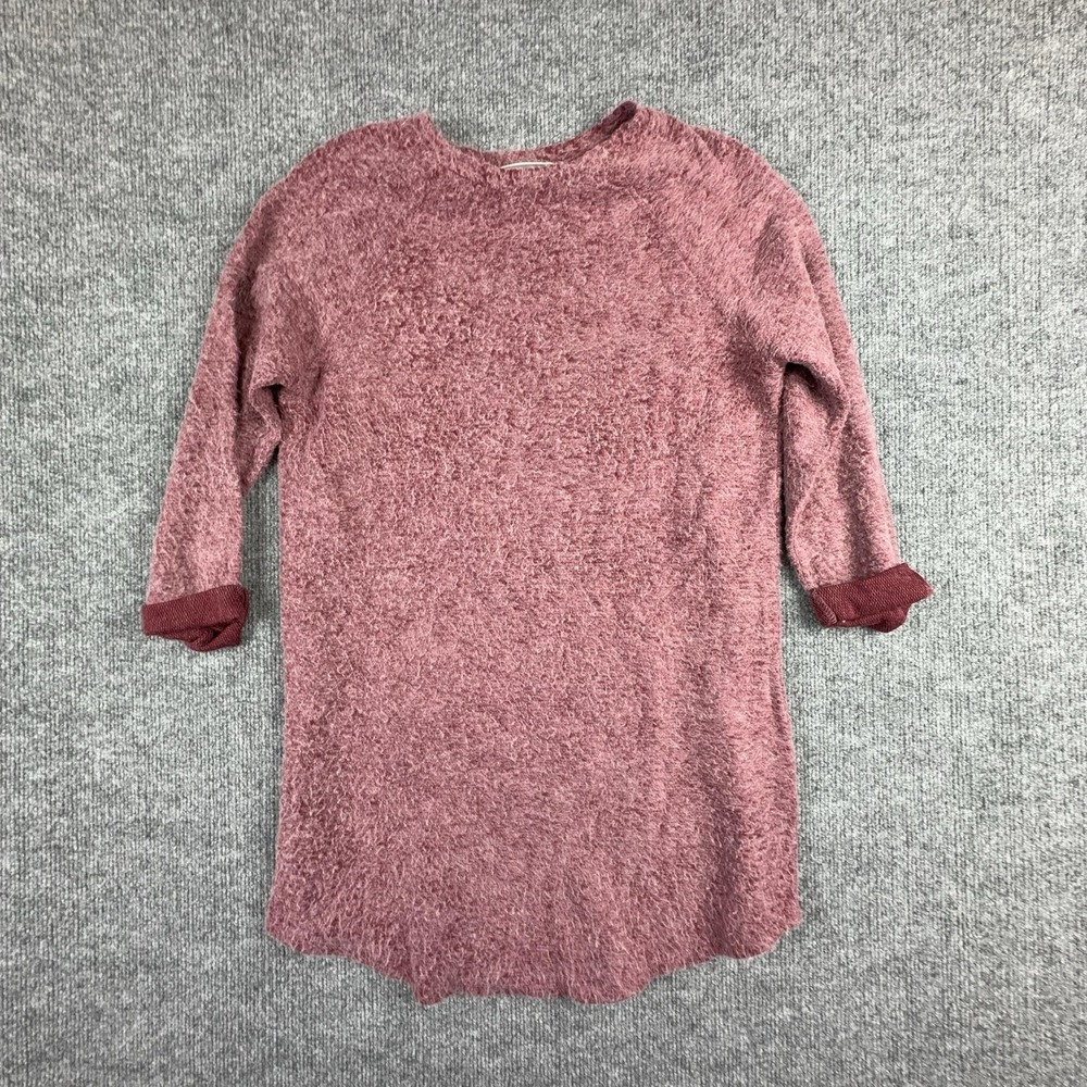 Cherish Sweater Womens Medium Pink Fuzzy Knit 3/4 Sleeve Tunic Crewneck Top